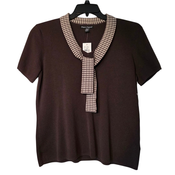 Designers Originals Chocolate Brown Sweater with Houndstooth Collar NWT PXL - Picture 1 of 11